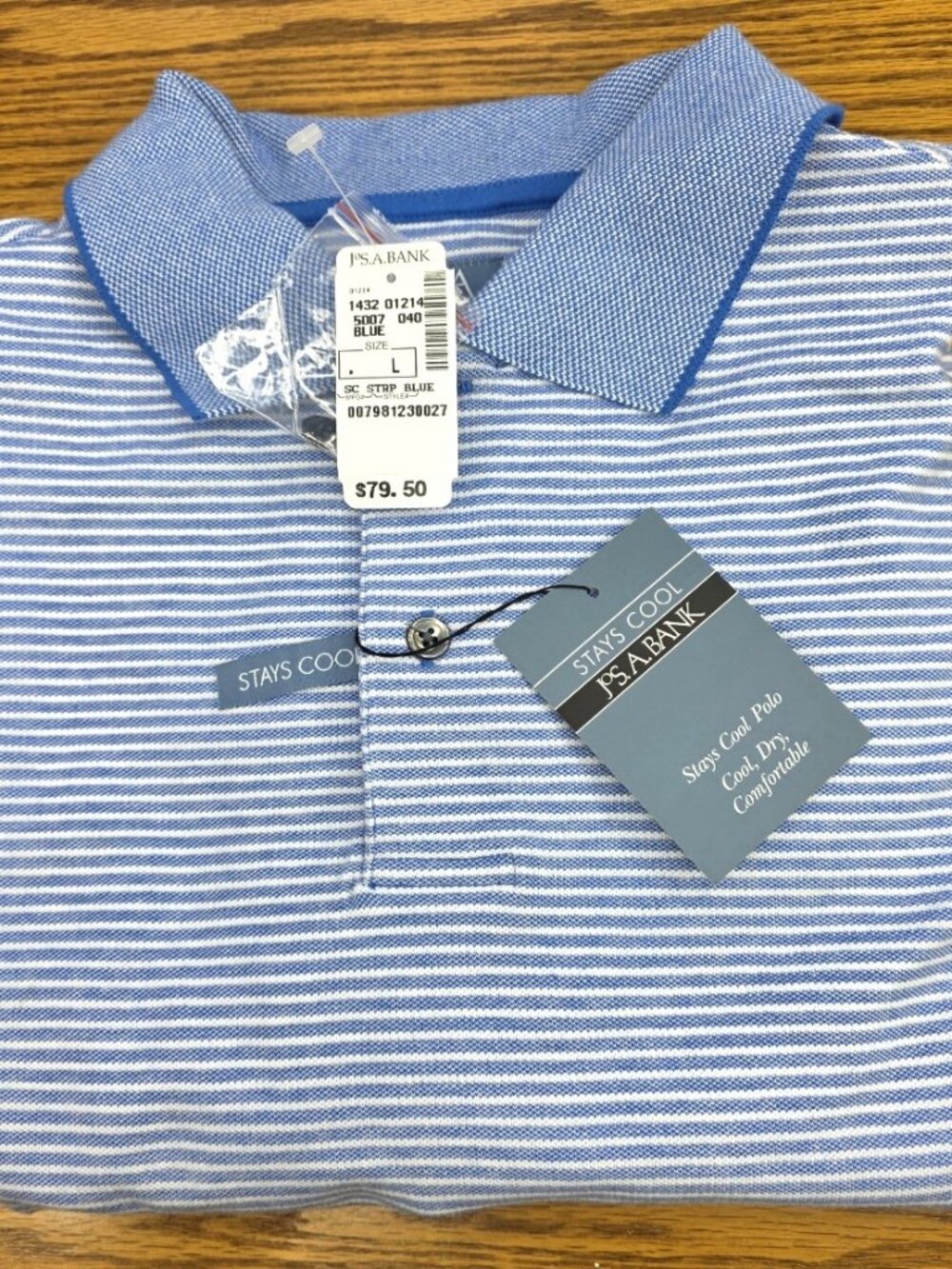 JoS Banks  Stays Cool Polo Shirt in Striped Blue and White and Size L